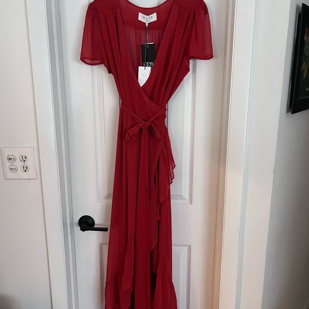 Wayf Red Plunge Neck Flutter Sleeve Maxi Dress